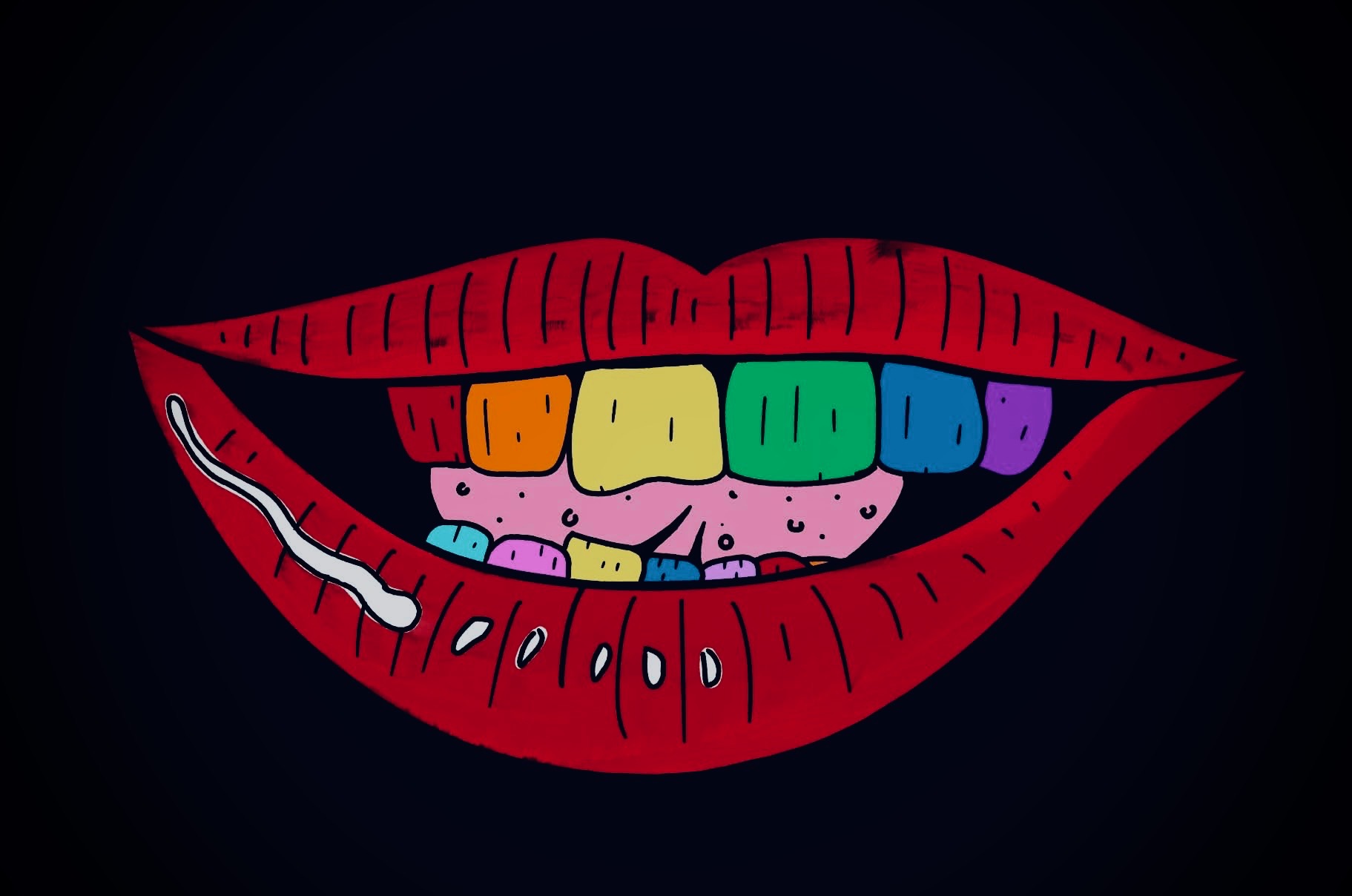 Hand-drawn red lips with rainbow-colored teeth representing pride